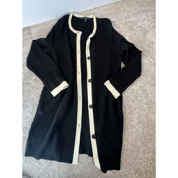 Ann Taylor LOFT Sweaters - Anne Taylor Black Long Sleeve Cardigan With White Detail Long Wool Blend Sz L